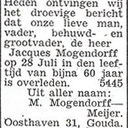 overlijdensbericht van John zijn opa, Jacques Mogendorff.