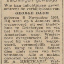 Een krantenbericht over de vermissing van Georges Baum rond januari 1944